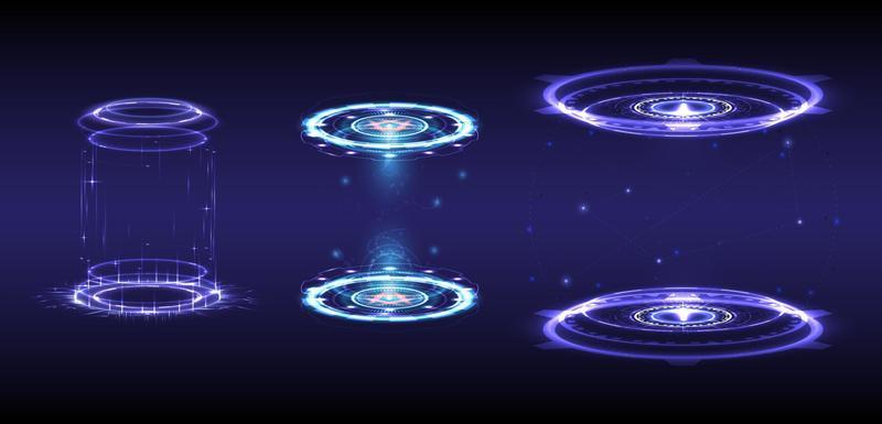 Sci-fi digital high-tech collection in glowing HUD elements. Hologram portal of science futuristic. Magic warp gate in game fantasy. Abstract technology. Teleport podium. GUI, UI virtual reality users