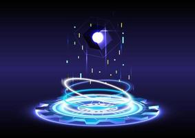 Abstract background. Portal and hologram science futuristic. Sci-fi digital hi-tech in glowing HUD projector. Magic gate in game fantasy. Circle teleport podium. GUI and UI virtual reality vector