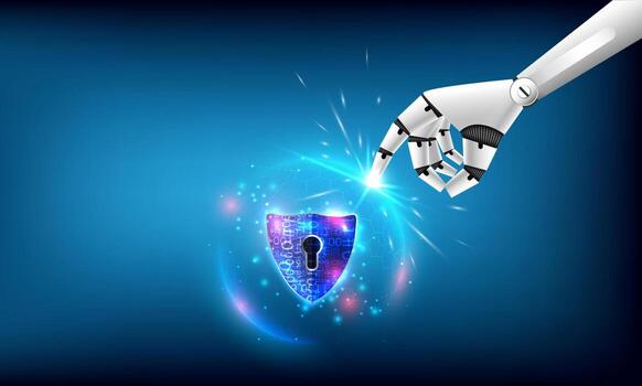 Artificial intelligence of security privacy safe. Robot finger touch on glowing sphere of hexagon and shield. High computer of protection. Technology engineer of antivirus and criminal vector