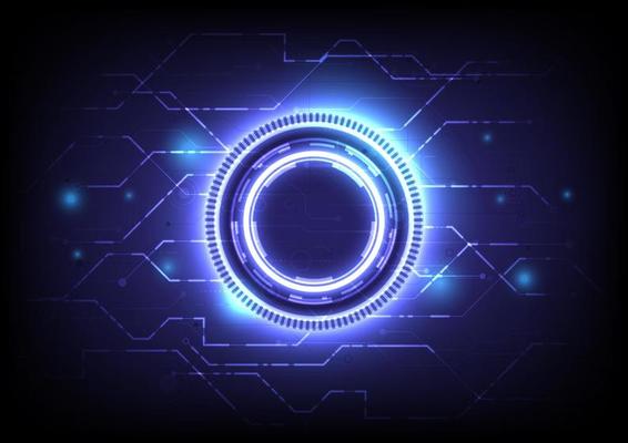 Digital infographic. Abstract hologram hi-tech background. Virtual reality technology electric innovation. Circuit board interface. Futuristic Sci-Fi glowing HUD circle and stars. Data connection