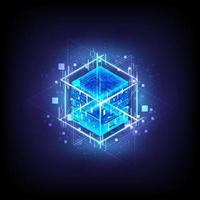 HUD energy box. Smart code. Big data. Digital chip. Glare grid lines. Glow 3D cubes. CPU core. Abstract technology background. Futuristic hi-tech science. Computer engineer. Blockchain network vector