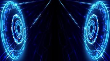 Perspective speed arrow and glowing HUD circle of computer data. Abstract futuristic high technology background. Internet motivation and connection to communicate of innovation vector