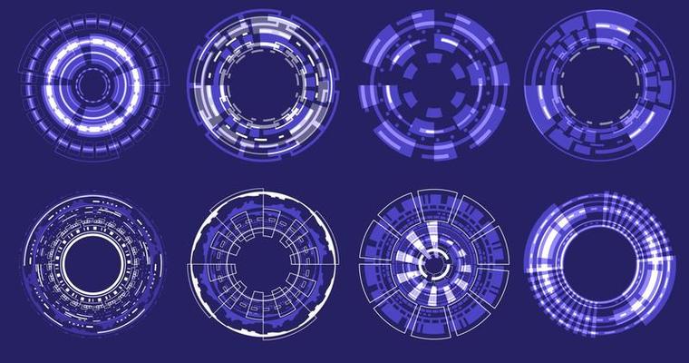 Futuristic Holographic circle of focus elements. Sci-fi round design. Military Collimator Sight. Collection HUD circuit. Camera Viewfinder set. Digital of data engineering