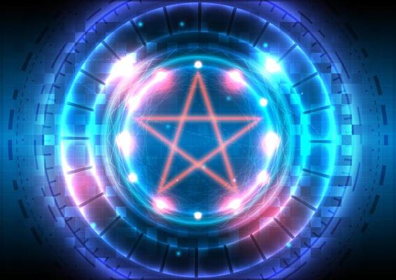 Digital infographic. Abstract hologram hi-tech background. Virtual reality technology electric innovation. Circuit board interface. Futuristic Sci-Fi glowing HUD circle and stargate. Science data