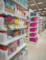 Blurred passage of a supermarket with shelves with goods. abstract passage in the supermarket with colorful goods on the shelves, can be used as a background or for your other project photo