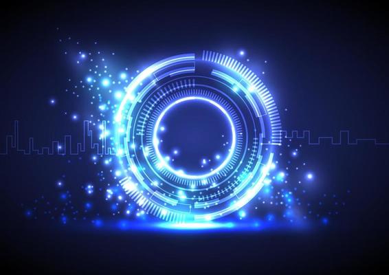 Digital particle of infographic. Futuristic Sci-Fi glowing HUD frame. Data engineering. Abstract hologram hi-tech background. Virtual reality holographic flare