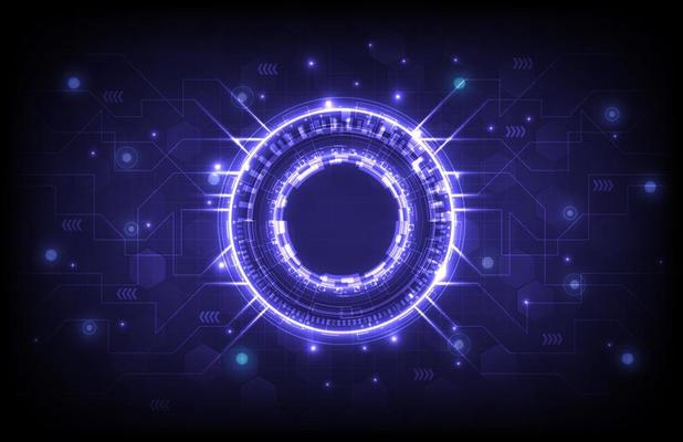 Futuristic Sci-Fi glowing HUD circle element. Abstract hi-tech background. Hologram of head-up display interface. Virtual reality technology of computer engineer. Digital communication