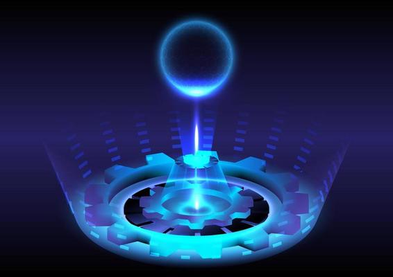 Abstract background. Portal and hologram science futuristic. sci-fi digital hi-tech in glowing HUD circuit. Magic gate in game fantasy. Sphere teleport podium. GUI, UI virtual reality infographic