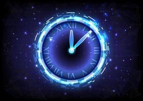 Futuristic Sci-Fi glowing HUD clock. Abstract time machine and polygon hi-tech background. Data computer of head-up display interface. Virtual reality technology timer. Deadline concept vector