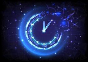 Futuristic Sci-Fi glowing HUD clock fading. Abstract time machine and polygon hi-tech background. Data computer of head-up display interface. Virtual reality technology timer. Deadline concept vector