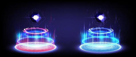 Red and blue neon. Sci-fi digital high-tech collection in glowing HUD. Hologram portal of science futuristic. Magic warp gate in game fantasy. Abstract technology. Circle teleport podium vector