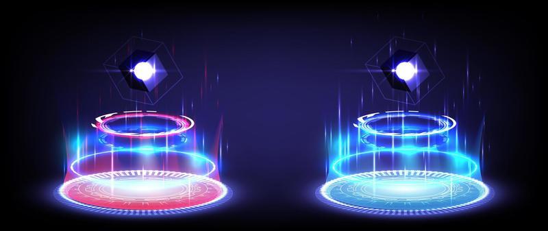 Red and blue neon. Sci-fi digital high-tech collection in glowing HUD. Hologram portal of science futuristic. Magic warp gate in game fantasy. Abstract technology. Circle teleport podium