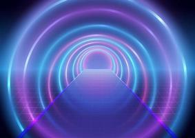Futuristic blue and pink neon laser rings with blur shadow. Ultraviolet fluorescent light tunnel Background vector