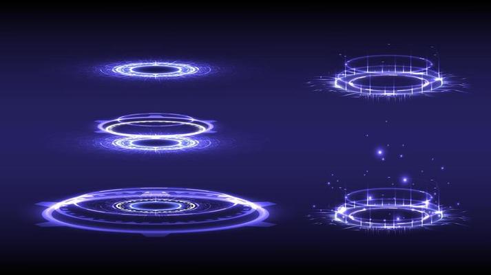 Sci-fi digital high-tech collection in glowing HUD. Holographic portal of science futuristic. Magic warp gate in game fantasy. Abstract technology. Teleport podium. GUI, UI virtual reality users