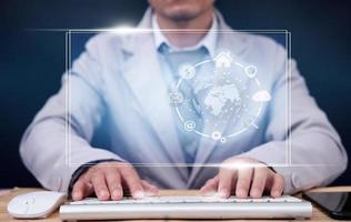 Businessman using smartwatch and business icon virtual screen and internet data and Artificial intelligence technology in the future concept photo