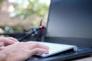 Businessman using computer and icon network connection data photo