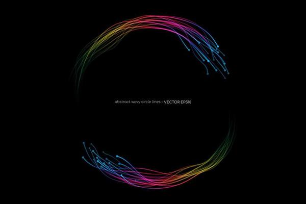 Abstract wavy dynamic spectrum light lines circle swirl round frame isolated on black background in concept technology, neural network, neurology, science, music