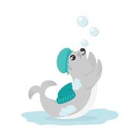 Personal Hygiene Concept with Cute Smiling Baby Fur Seal in Shower Cap Playing with Bubbles vector