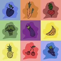 patrón sin costuras con iconos de comida. iconos de alimentos vectoriales de colores. vegetales y frutas. iconos de comida de garabato vector