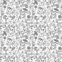 seamless pattern with food icons. icons of seafood, mushrooms, sweets, vegetables and fruits. vector food icons