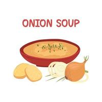 A bowl of hot onion soup. French cuisine. Soup croutons. Vegetable soup. vector