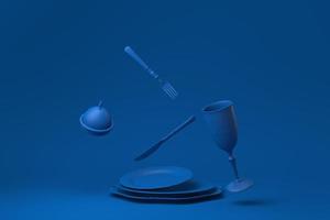 Blue Empty plate, forks, knives, spoons, set in restaurant floating in blue background. minimal concept idea creative. monochrome. 3D render. photo