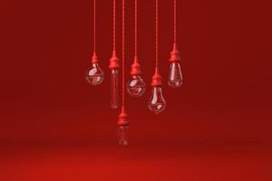 Red Vintage light bulb hanging in Red background. minimal concept idea creative. monochrome. 3D render. photo