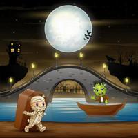 Frankenstein and mummy in halloween night background vector