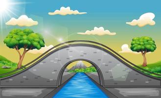paisaje de dibujos animados con puente de arco y fondo de montañas vector