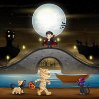 Halloween night background with vampire, mummy and cats vector