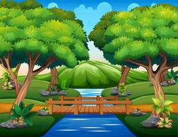 Cartoon of the small wooden bridge in the woods vector