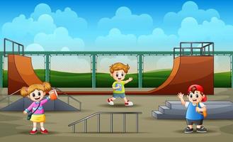 Children study groups in skatepark background vector