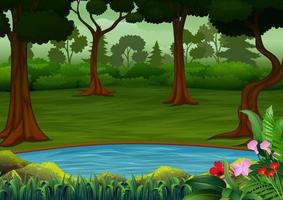 Dark forest scene with many trees and small pond vector