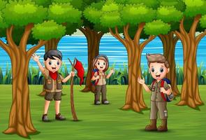 Group of scout are exploring the forest vector