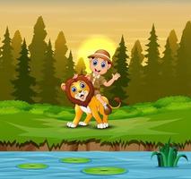 Happy zookeeper man with a lion in the jungle vector