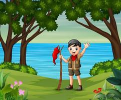 paisaje de verano con el niño explorador sosteniendo una bandera vector