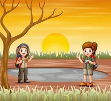 dos chicas exploradoras están explorando en tierra seca vector