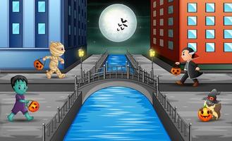 Halloween night town with many character vector