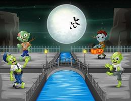 Halloween night landscape with zombies vector