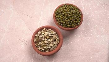 judías mung verdes también conocidas como mung dal, vigna radiata, judías verdes o moong dal aisladas en fondo blanco foto