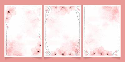 cherry blossom watercolor with brown frame for wedding invitation card template collection vector