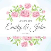 watercolor beautiful pink English rose flower bouquet with frame banner logo or wedding invitation card square background vector