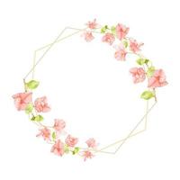 watercolor pink Bougainvillea with golden wreath frame with copy space vector
