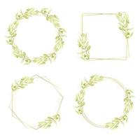 watercolor green leaves gold glitter wreath frame collection for logo or banner vector