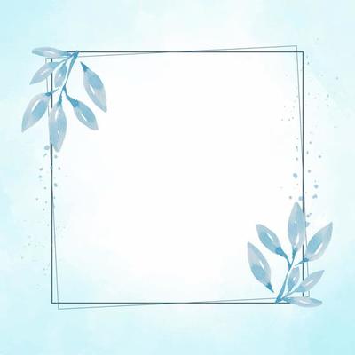 hand drawn blue leaf frame on watercolor blue splash background