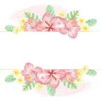 watercolor red summer tropical flower hibiscus and plumeria with golden square banner vector