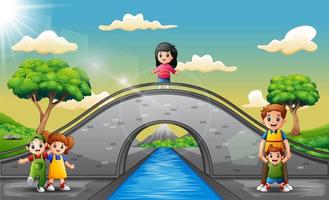 Happy children playing in the bridge vector