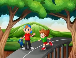 Happy children riding a roller blades and skateboard vector