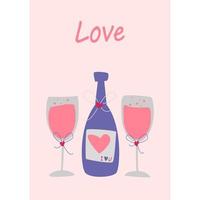 A bottle of champagne and two glasses. Vector image in boho style.