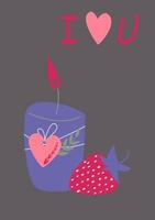 Candle and strawberries. Greeting card with a declaration of love. vector